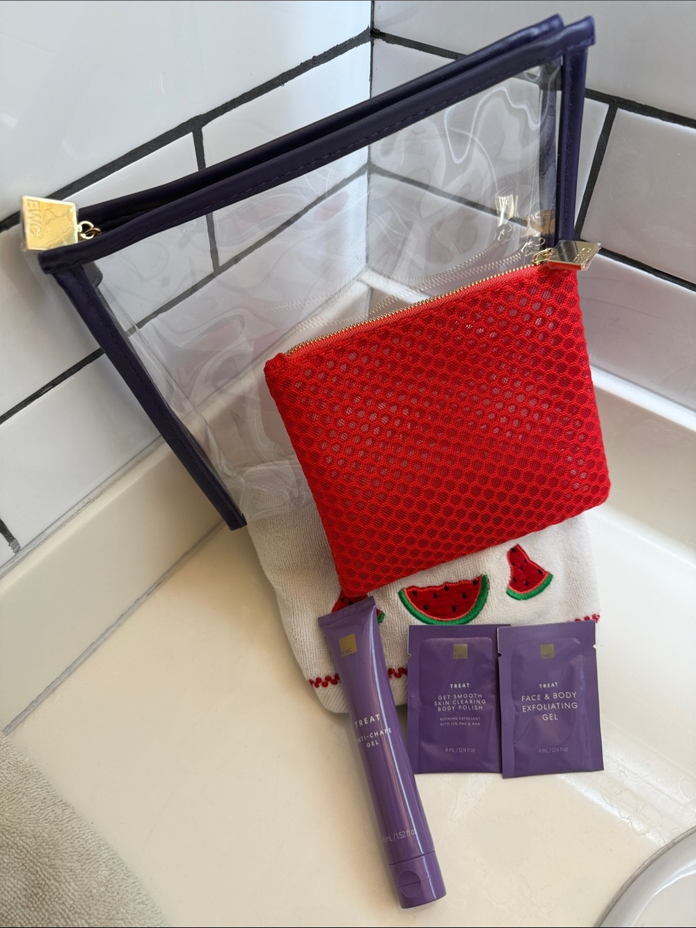 EWC Clear Travel Pouch with Purple Trim and Red Mesh Inner Bag w/Post Wax Gels